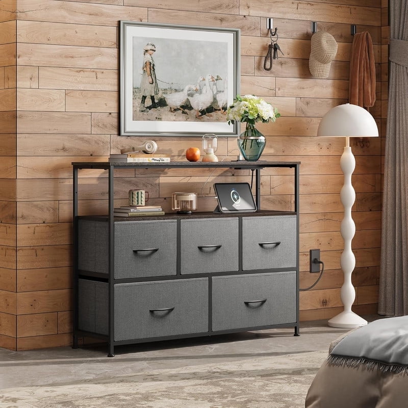 GALAXHERO Dresser 5 Drawer TV Stand Entertainment Center for Bedroom Living Room Closet with Open Shelf and Power Outlet Fits 45 Inch TV