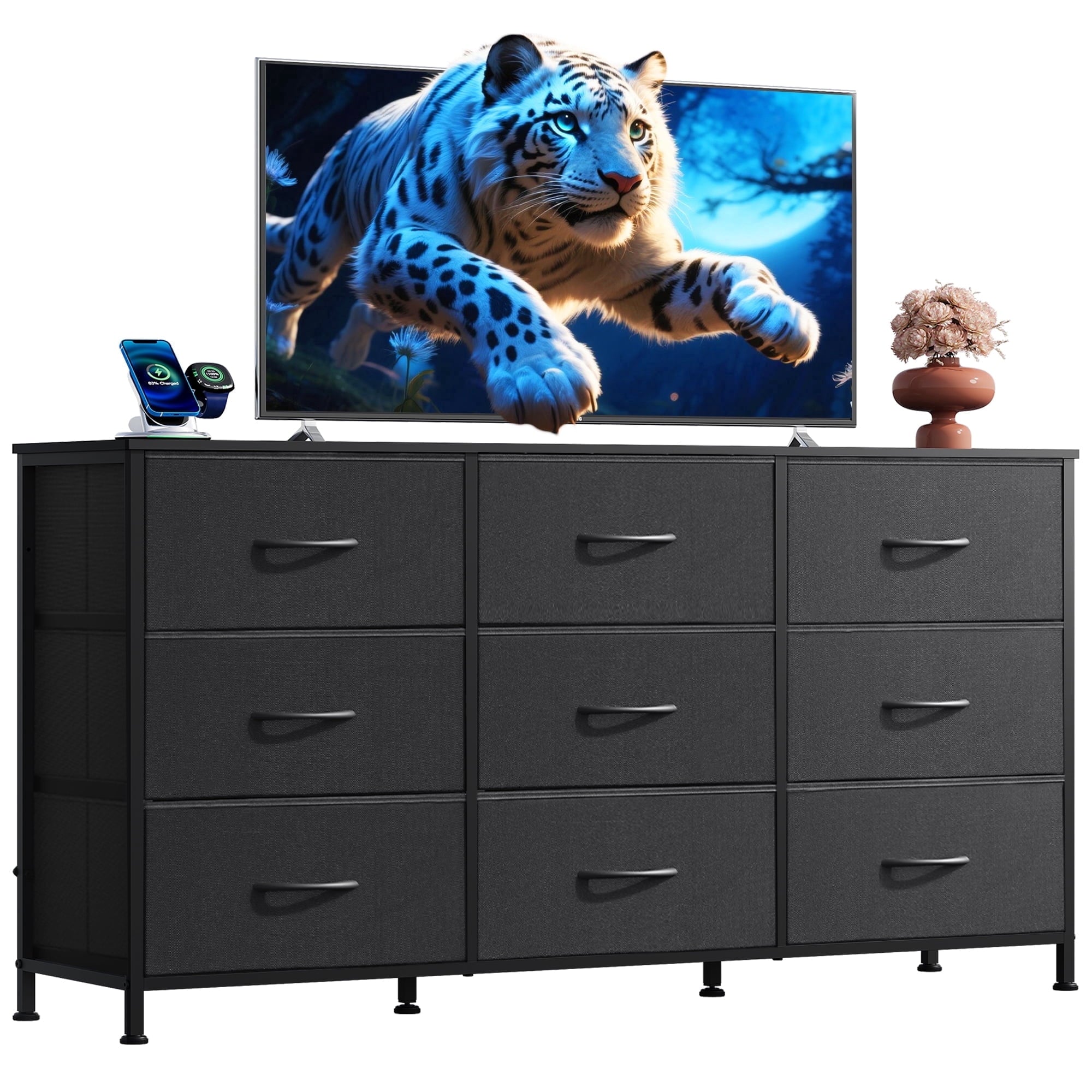 GALAXHERO Fabric Dresser for Bedroom, 9 Drawers Dresser with Wood Top, TV Stand for 55'' TV,  Chest of Drawers for Closet, Living Room,  47''W