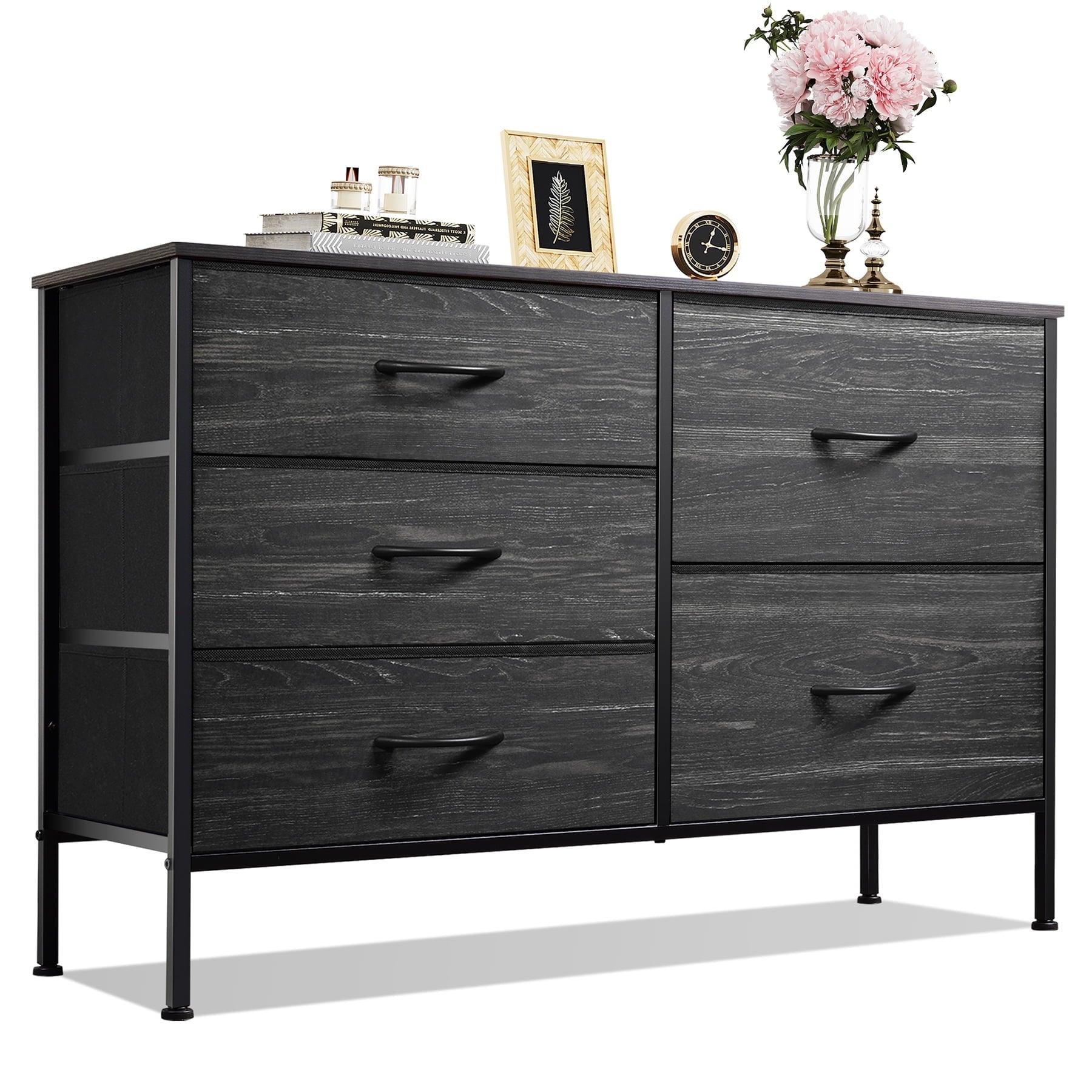 GALAXHERO 5 Drawer Dresser for Bedroom, Wide Chest of Drawers Nightstand Storage Organizers with Wood Top for Living Room, Hallway