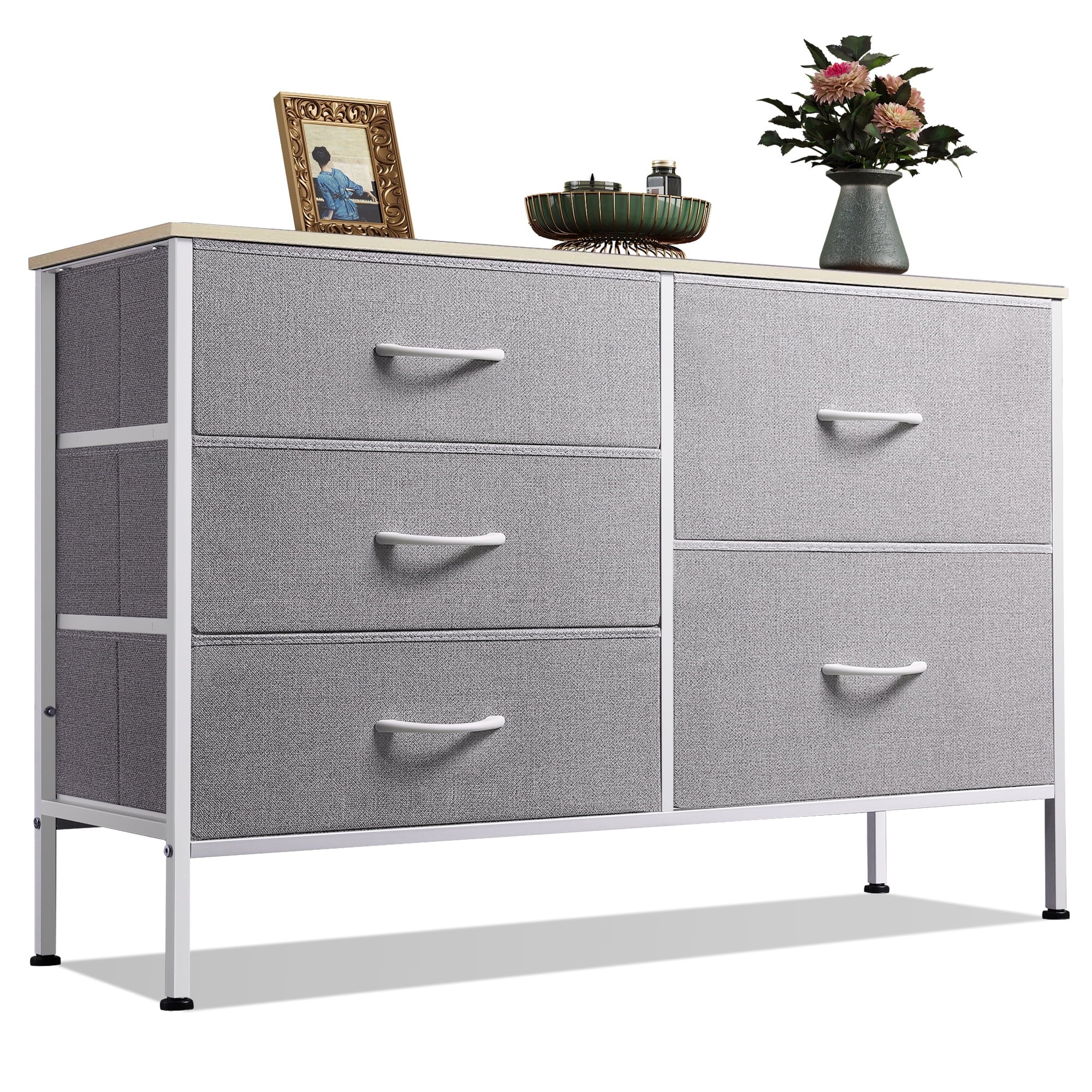 GALAXHERO 5 Drawer Dresser for Bedroom, Wide Chest of Drawers Nightstand Storage Organizers with Wood Top for Living Room, Hallway