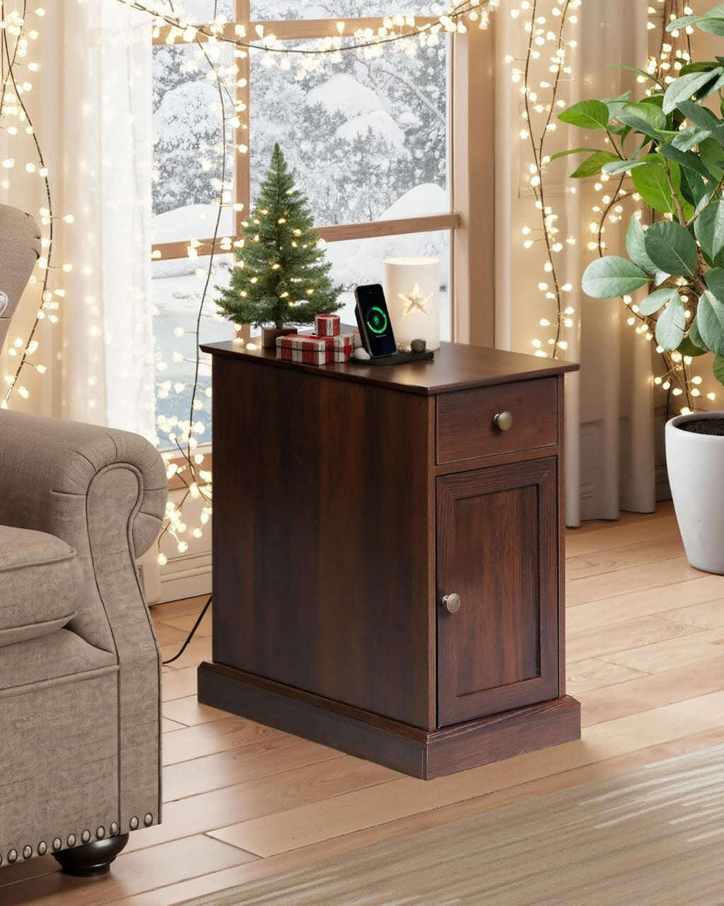 GALAXHERO End Table Narrow Side Table for Living Room, Farmhouse Night Stand with Storage Drawer, Small Wooden Nightstand with Concealed Outlets