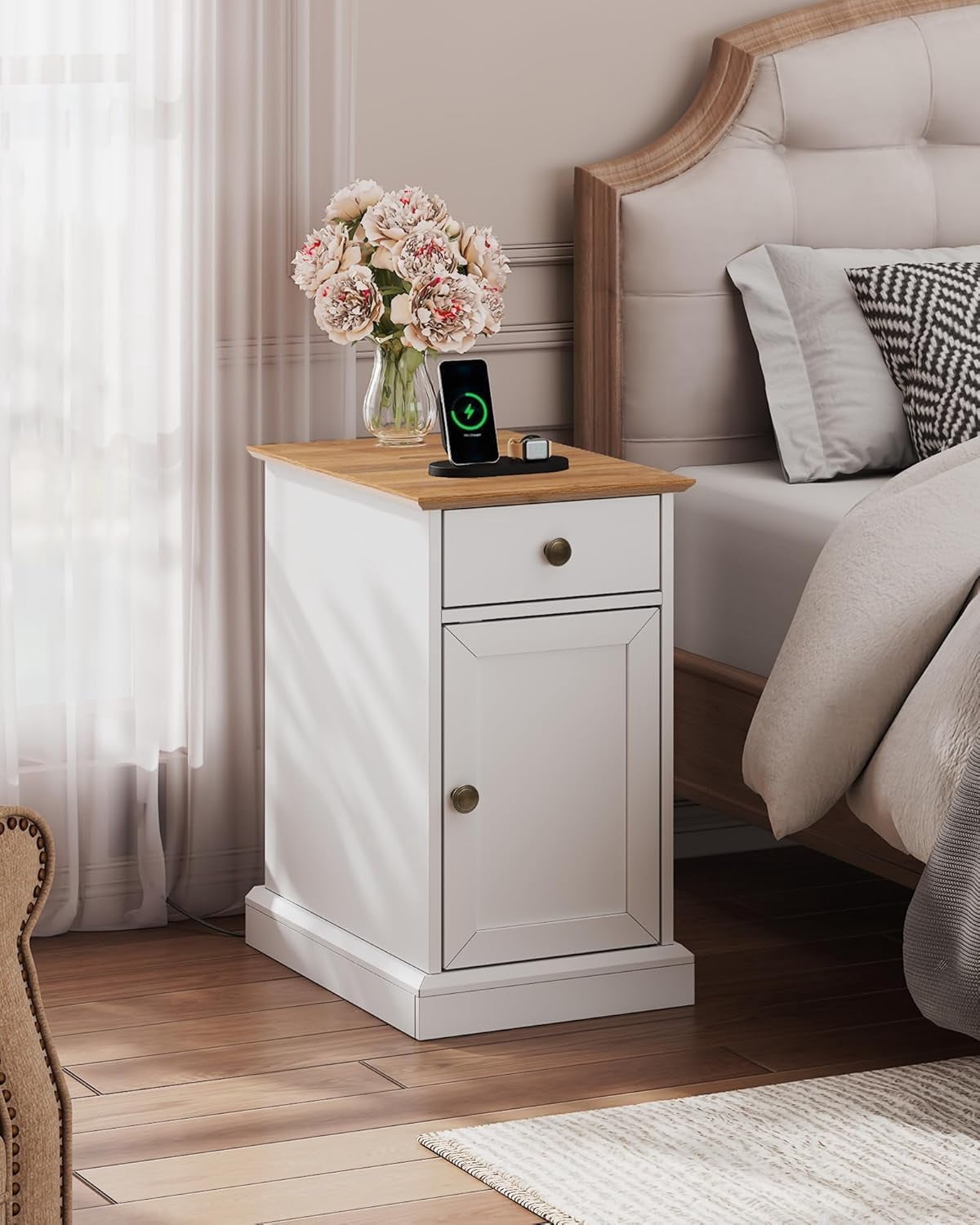 GALAXHERO End Table Narrow Side Table for Living Room, Farmhouse Night Stand with Storage Drawer, Small Wooden Nightstand with Concealed Outlets