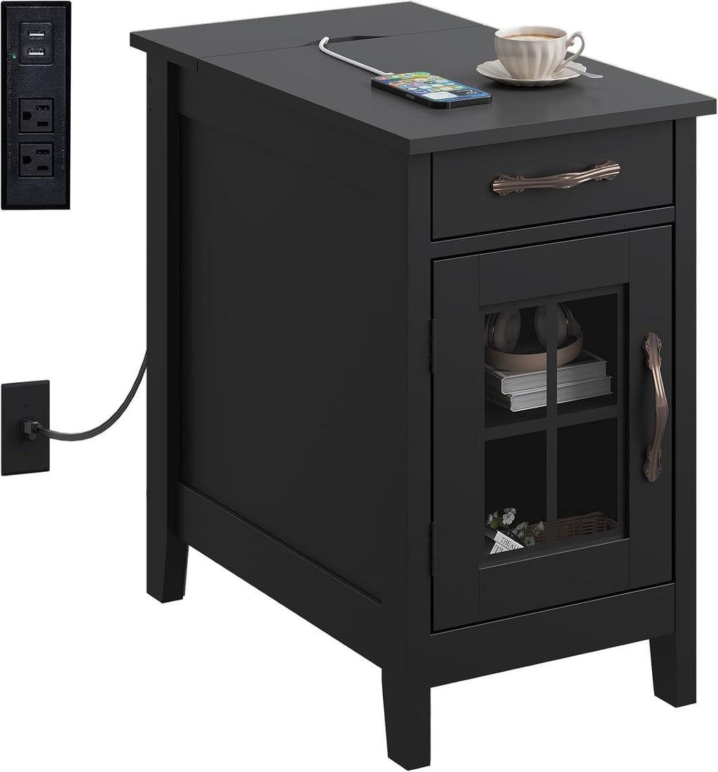 GALAXHERO End Table with Charging Station Narrow Side Table for Living Room with Storage, Small Wooden Cabinet Nightstand with USB Ports and Outlets