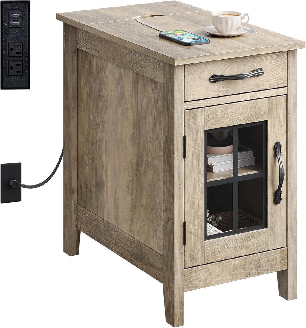 GALAXHERO End Table with Charging Station Narrow Side Table for Living Room with Storage, Small Wooden Cabinet Nightstand with USB Ports and Outlets