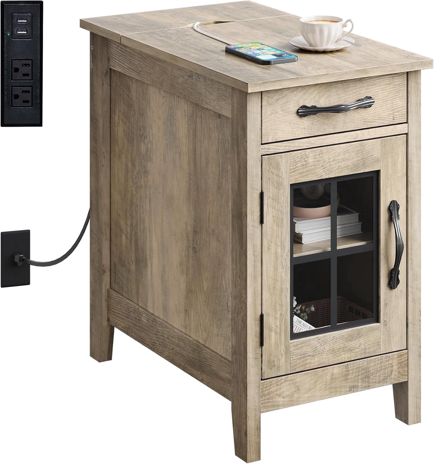 GALAXHERO End Table with Charging Station Narrow Side Table for Living Room with Storage, Small Wooden Cabinet Nightstand with USB Ports and Outlets