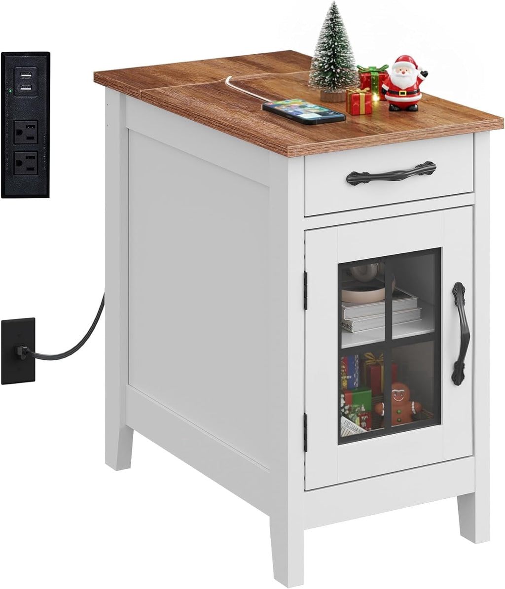 GALAXHERO End Table with Charging Station Narrow Side Table for Living Room with Storage, Small Wooden Cabinet Nightstand with USB Ports and Outlets