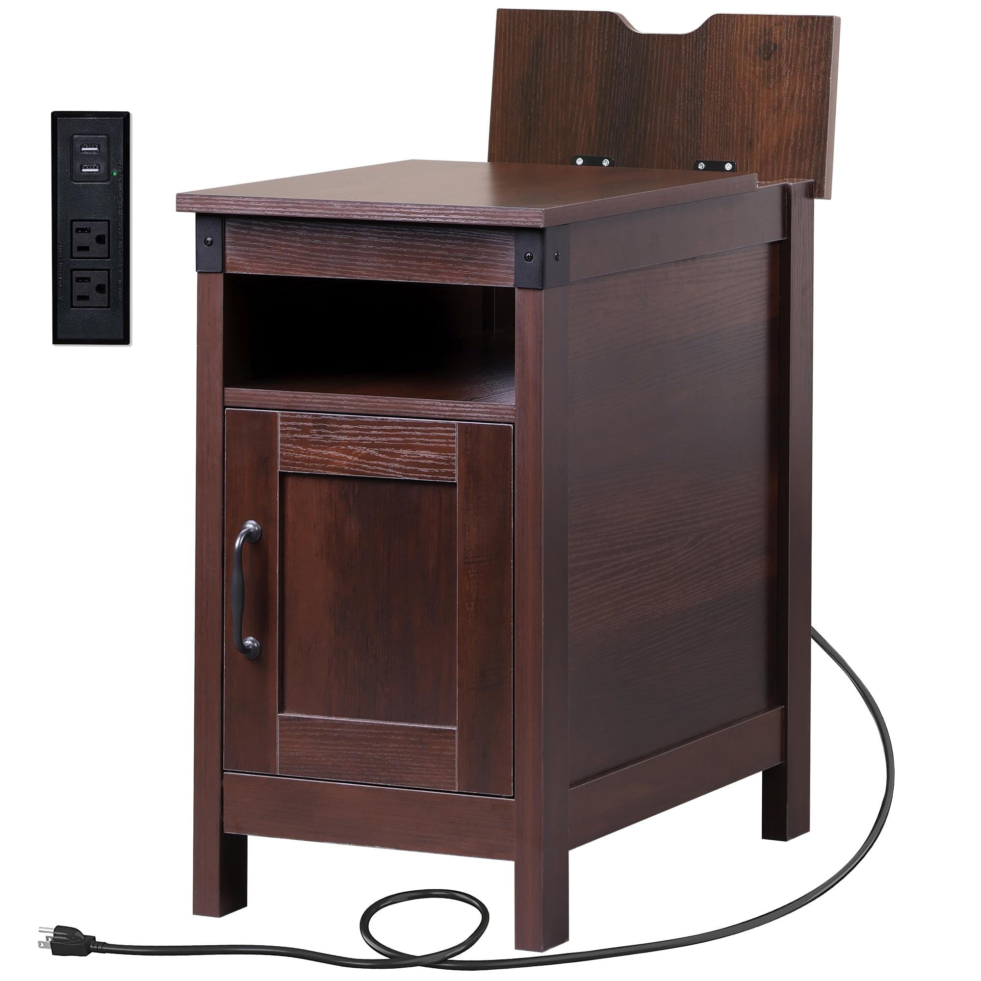 GALAXHERO End Table with Charging Station, Side Table with USB Ports and Outlets, Narrow Side Table for Small Spaces, Living Room, Couch, Nightstand with Storage, Brown