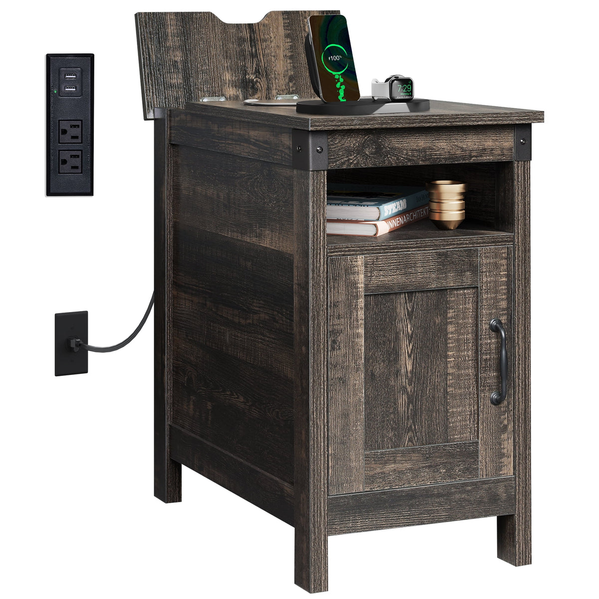 GALAXHERO End Table with Charging Station, Small Side Table with Lift Top, Narrow Nightstand with Charging Station & Storage Cabinet for Living Room & Bedroom