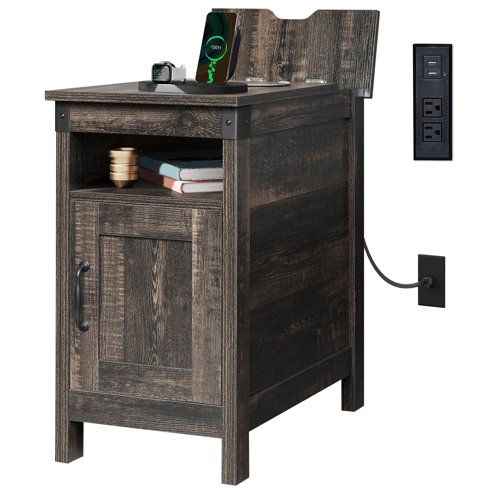 GALAXHERO End Table with Charging Station, Side Table with USB Ports and Outlets, Narrow Side Table for Small Spaces, Living Room, Couch, Nightstand with Storage, Brown