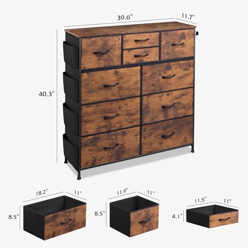 GALAXHERO 10-Drawer Fabric Dresser, Sturdy Metal Frame Organizer Unit with Side Pockets and Hooks for Bedroom, Living Room, Hallway