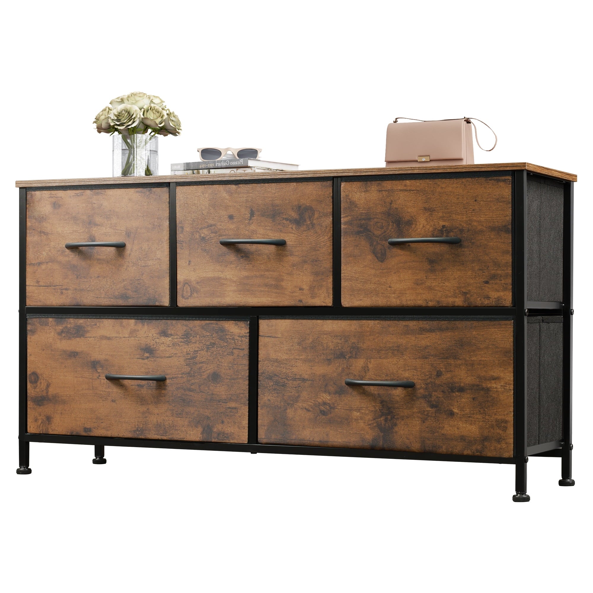 GALAXHERO 5-Drawer Dressers for Bedroom, Wide Chest of Drawers Nightstand Storage Tower with Fabric Bins for Closet, Living Room, Hallway