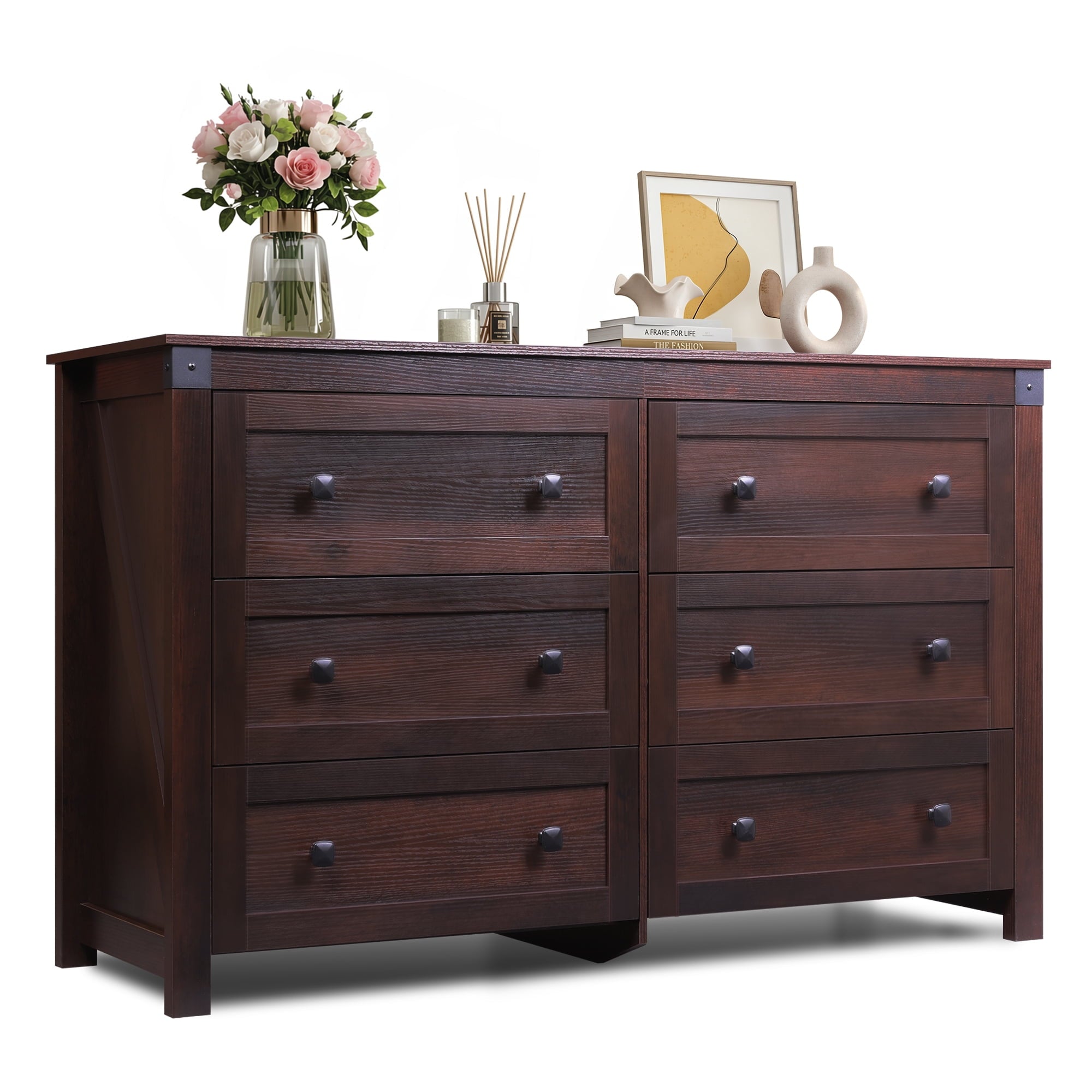 GALAXHERO Farmhouse 6 Drawer Dresser, Wood Dresser with Double Rustic Handles, TV Stand for 60" TV for Living Room, 53.07'' Wide Chest of Drawers for Bedroom, Hallway