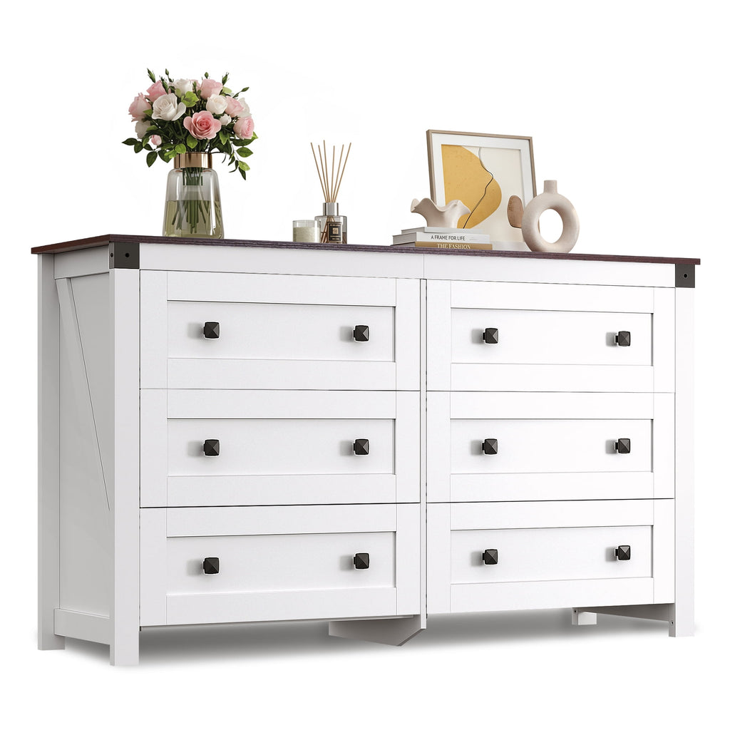 GALAXHERO Farmhouse 6 Drawer Dresser, Wood Dresser with Double Rustic Handles, TV Stand for 60" TV for Living Room, 53.07'' Wide Chest of Drawers for Bedroom, Hallway
