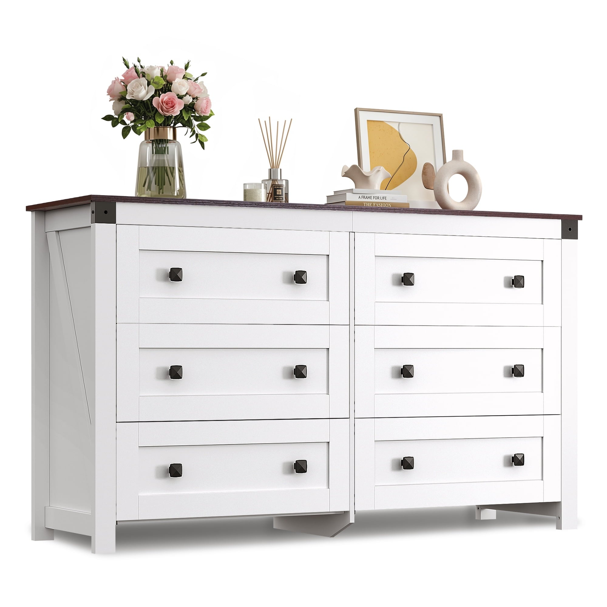GALAXHERO Farmhouse 6 Drawer Dresser, Wood Dresser with Double Rustic Handles, TV Stand for 60" TV for Living Room, 53.07'' Wide Chest of Drawers for Bedroom, Hallway