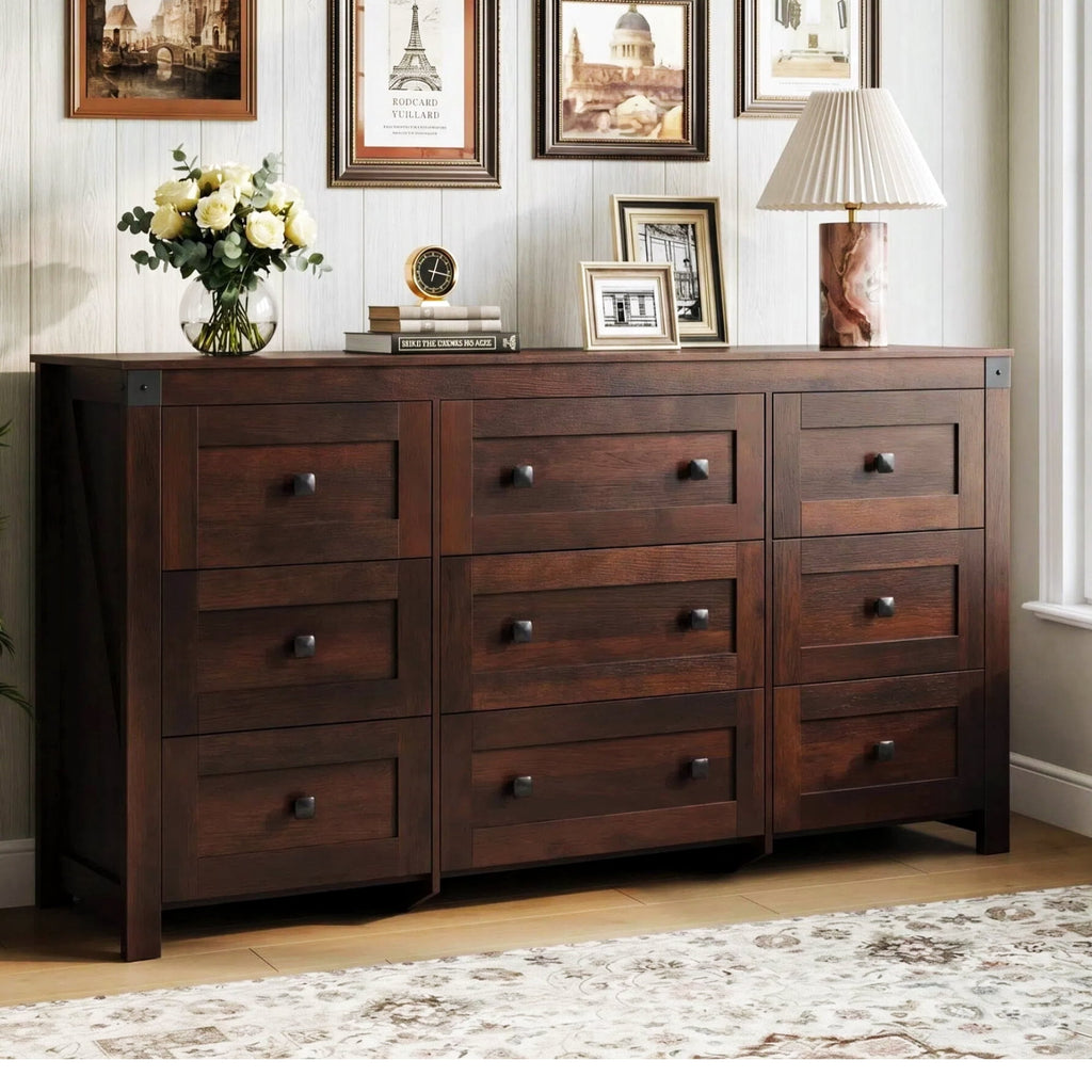GALAXHERO Farmhouse 9 Drawer Wood Dresser, 63" Wide Storage Organizer with Double Rustic Handles, TV Stand for 70" TV, Chest of Drawers for Bedroom, Living Room