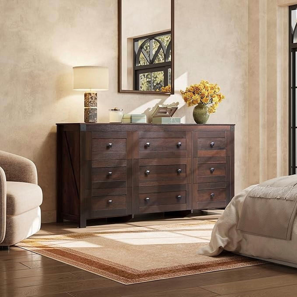 GALAXHERO Farmhouse 9 Drawer Wood Dresser, 63" Wide Storage Organizer with Double Rustic Handles, TV Stand for 70" TV, Brown, Bedroom & Living Room
