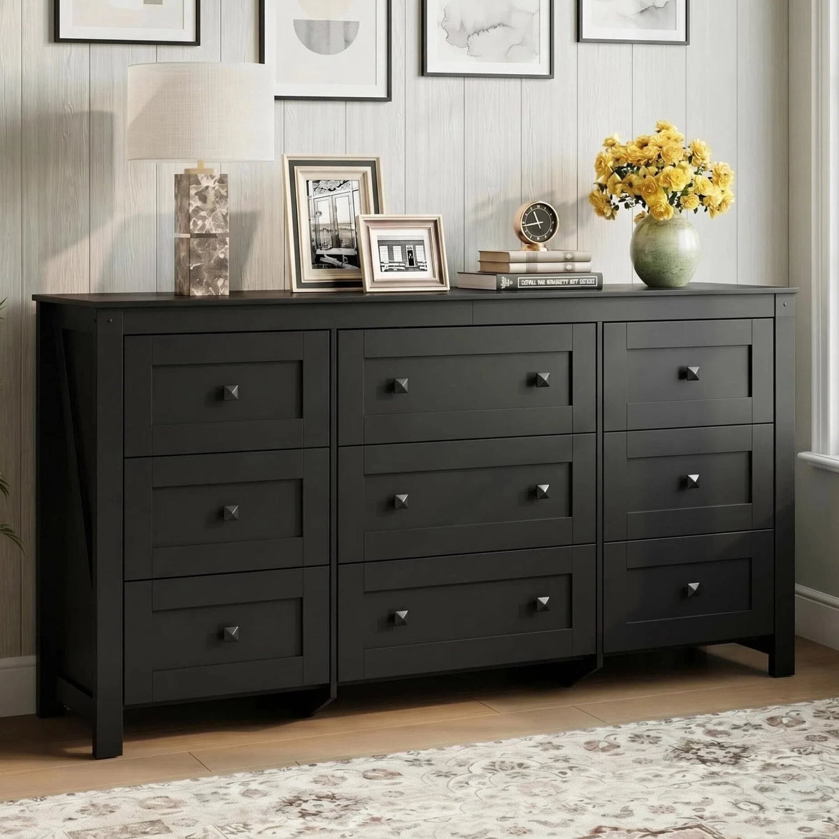 GALAXHERO Farmhouse 9 Drawer Wood Dresser, 63" Wide Storage Organizer with Double Rustic Handles, TV Stand for 70" TV, Chest of Drawers for Bedroom, Living Room