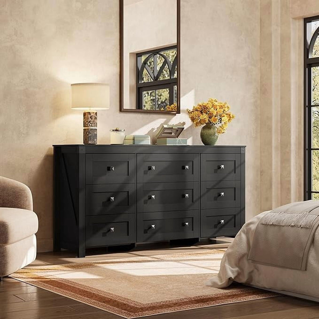 GALAXHERO Farmhouse 9 Drawer Wood Dresser, 63" Wide Storage Organizer with Double Rustic Handles, TV Stand for 70" TV, Brown, Bedroom & Living Room