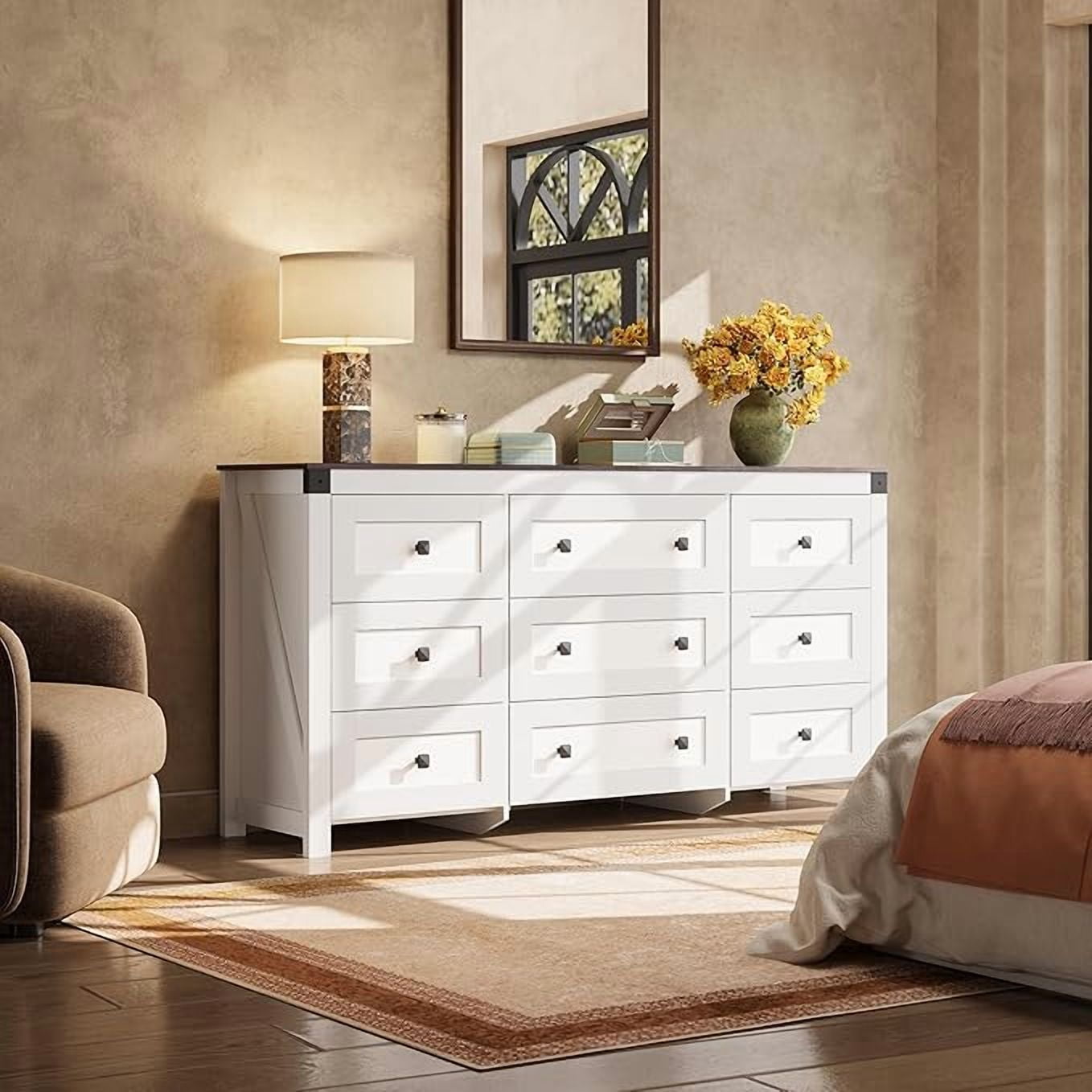 GALAXHERO Farmhouse 9 Drawer Wood Dresser, 63" Wide Storage Organizer with Double Rustic Handles, TV Stand for 70" TV, Brown, Bedroom & Living Room