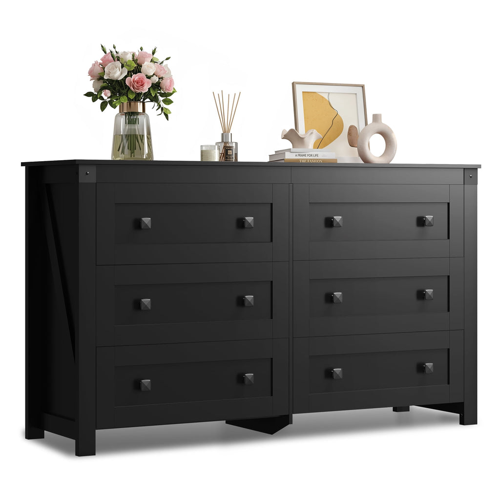 GALAXHERO Farmhouse 6 Drawer Dresser, Wood Dresser with Double Rustic Handles, TV Stand for 60" TV for Living Room, 53.07'' Wide Chest of Drawers for Bedroom, Hallway