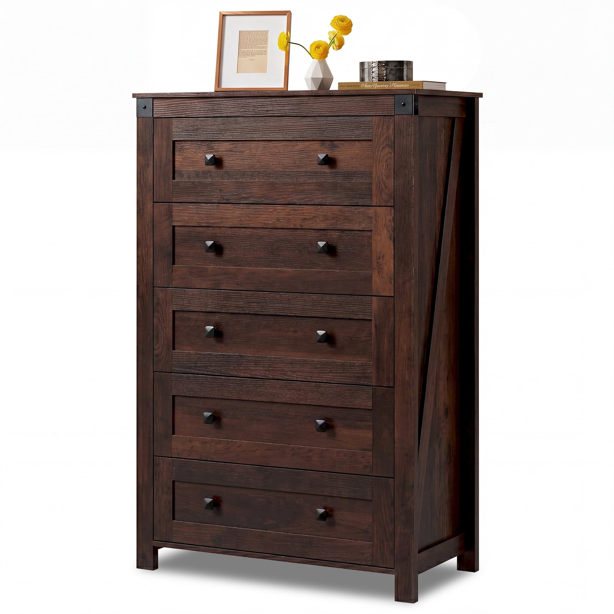 GALAXHERO Farmhouse 5 Drawer Dresser, Tall Dresser with Double Rustic Handles, Wood Chest of Drawers for Bedroom, Living Room, Hallway
