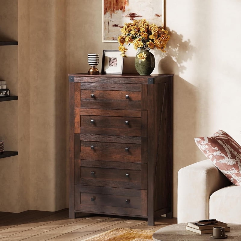 GALAXHERO Farmhouse Tall 5 Drawer Dresser, Wood Storage Organizer for Bedroom, Living Room,  Handles
