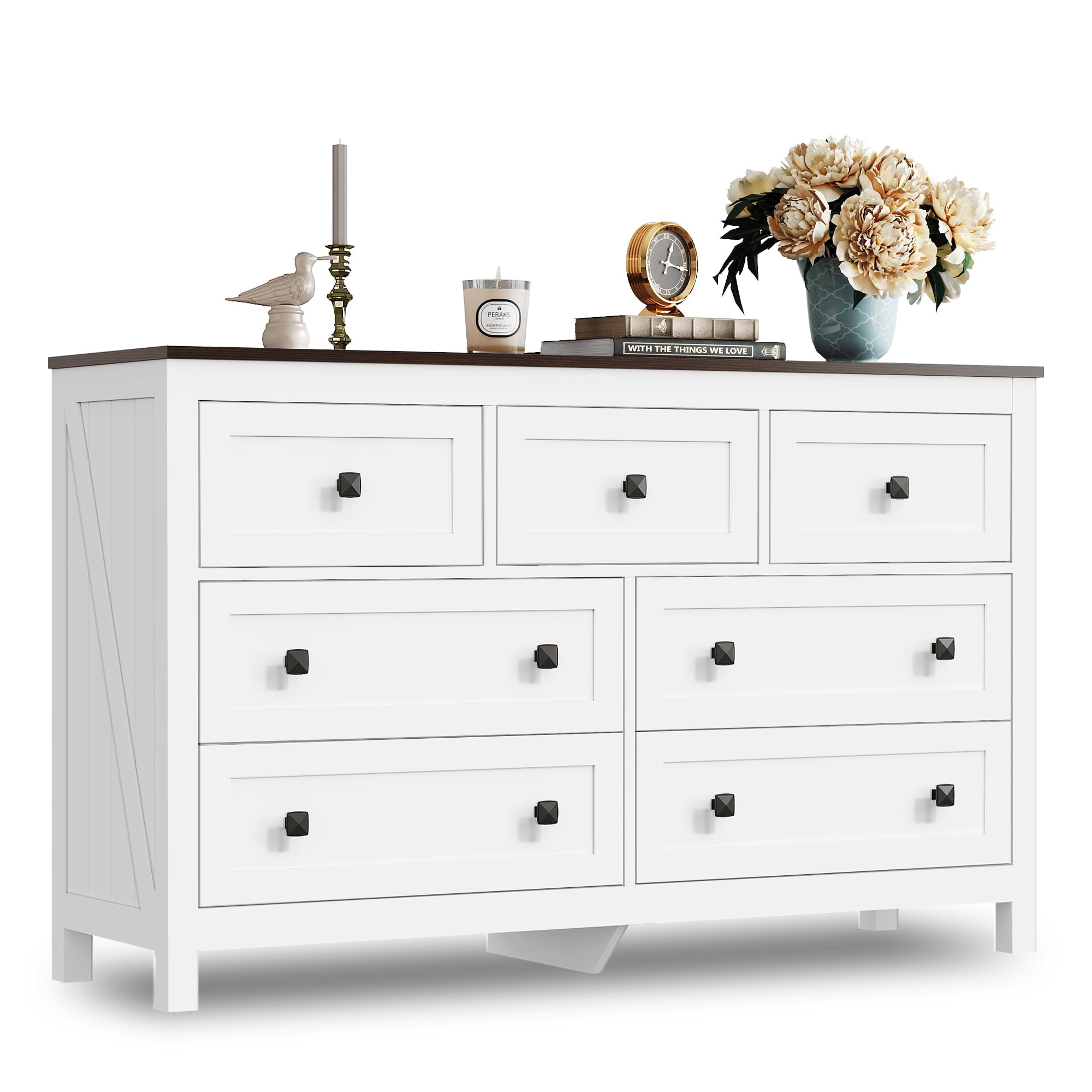 GALAXHERO Farmhouse Dresser for Bedroom, 51.18'' Wide 7 Drawer Wood Dresser, TV Stand for 65 inch TV, Wooden Chest of Drawers for Bedroom, Modern Clothes Organizer for Living Room, Hallway