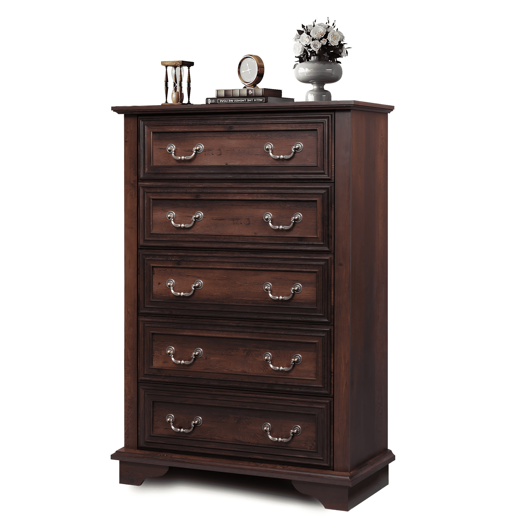 GALAXHERO Farmhouse 5 Drawers Dresser for Bedroom, Tall Wood Dresser with Roman Metal Handle, Chest of Drawers for Living Room, Hallway, Closet