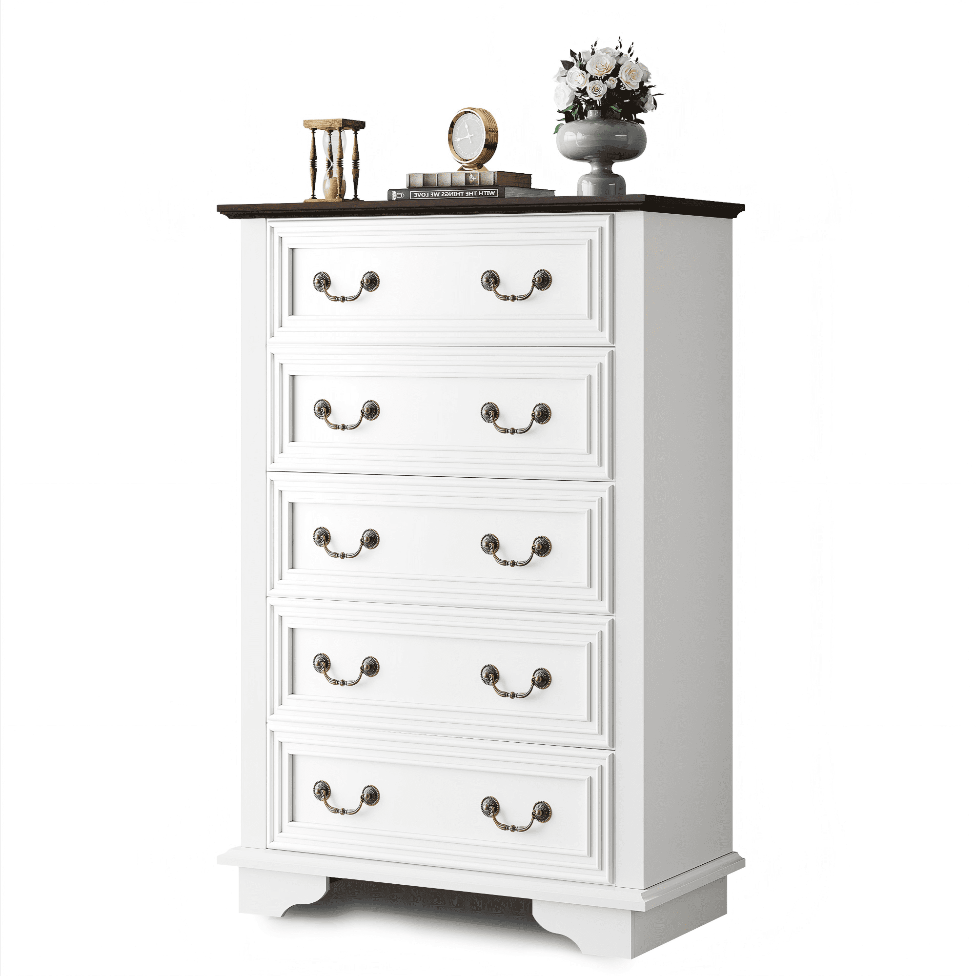 GALAXHERO Farmhouse 5 Drawers Dresser for Bedroom, Tall Wood Dresser with Roman Metal Handle, Chest of Drawers for Living Room, Hallway, Closet
