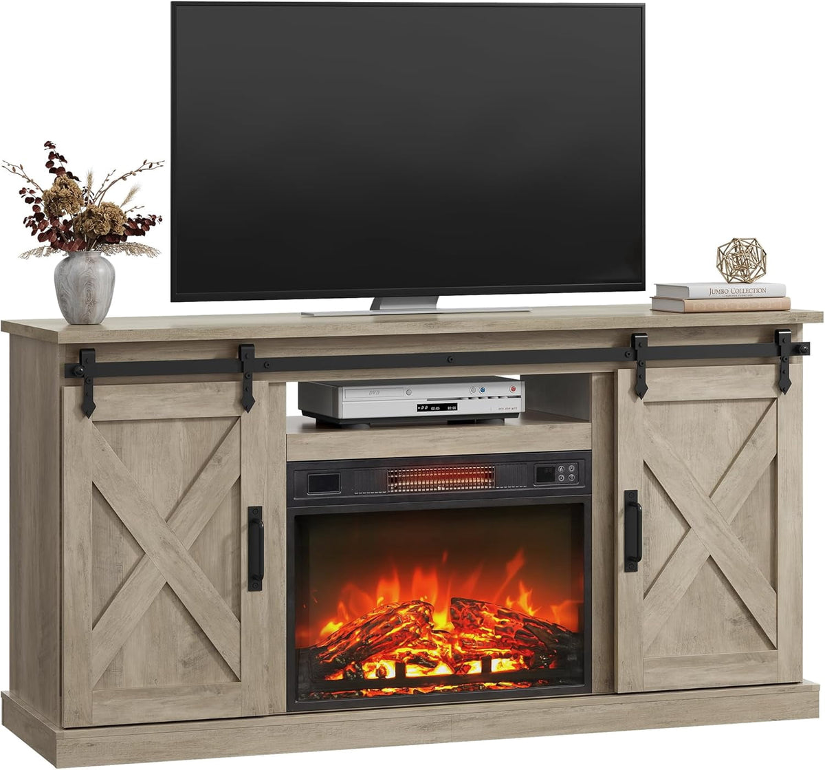 GALAXHERO Farmhouse Electric Fireplace TV Stand for TVs up to 65", Entertainment Center with Sliding X-Shaped Barn Door & Storage Cabinet, Media TV Console with 23" Fireplace for All Seasons