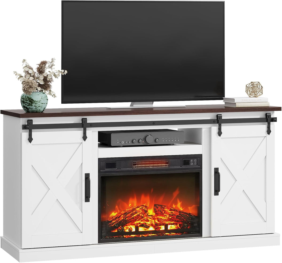 GALAXHERO Farmhouse Electric Fireplace TV Stand for TVs up to 65", Entertainment Center with Sliding X-Shaped Barn Door & Storage Cabinet, Media TV Console with 23" Fireplace for All Seasons