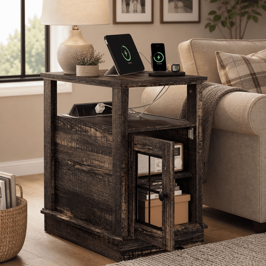 GALAXHERO Farmhouse End Table with Storage Narrow Side Table for Living Room  Small Table with USB Ports and Outlets for Bedroom