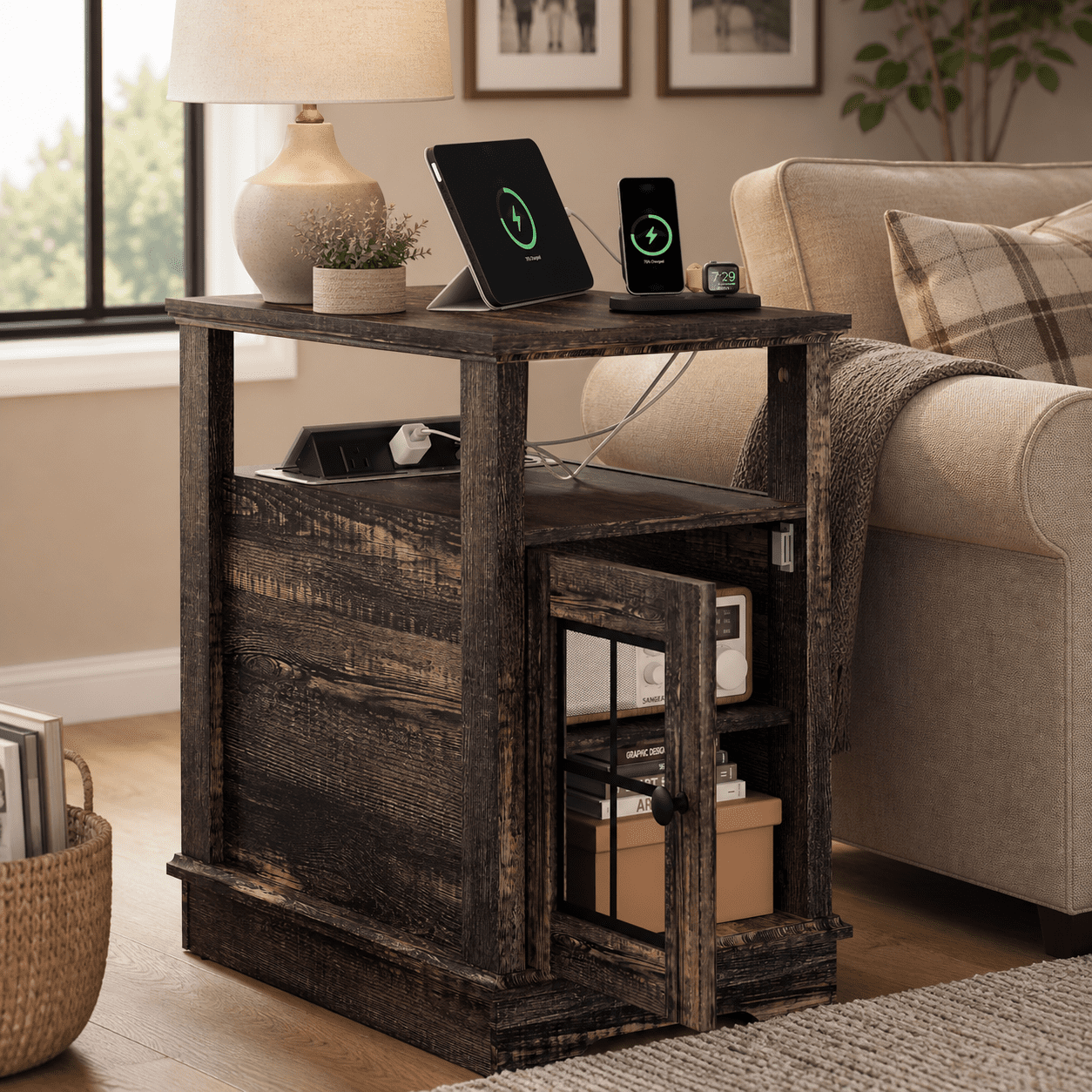 GALAXHERO Farmhouse End Table with Storage Narrow Side Table for Living Room  Small Table with USB Ports and Outlets for Bedroom