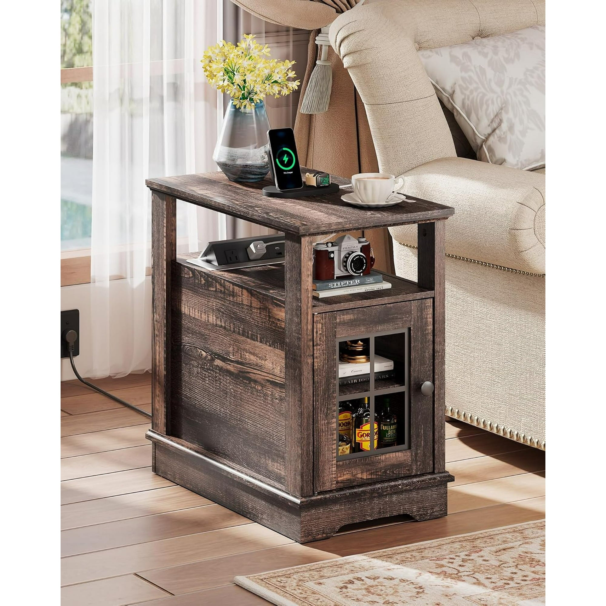 GALAXHERO Farmhouse End Table with Charging Station Narrow Side Table for Living Room Night Stand with Storage, Nightstand with USB Ports and Outlets for Bedroom Brown