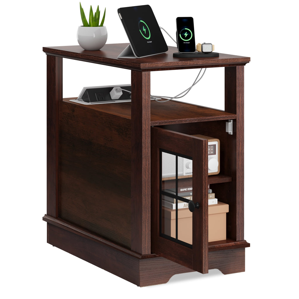 GALAXHERO Farmhouse End Table with Charging Station Narrow Side Table for Living Room Night Stand with Storage, Nightstand with USB Ports and Outlets for Bedroom