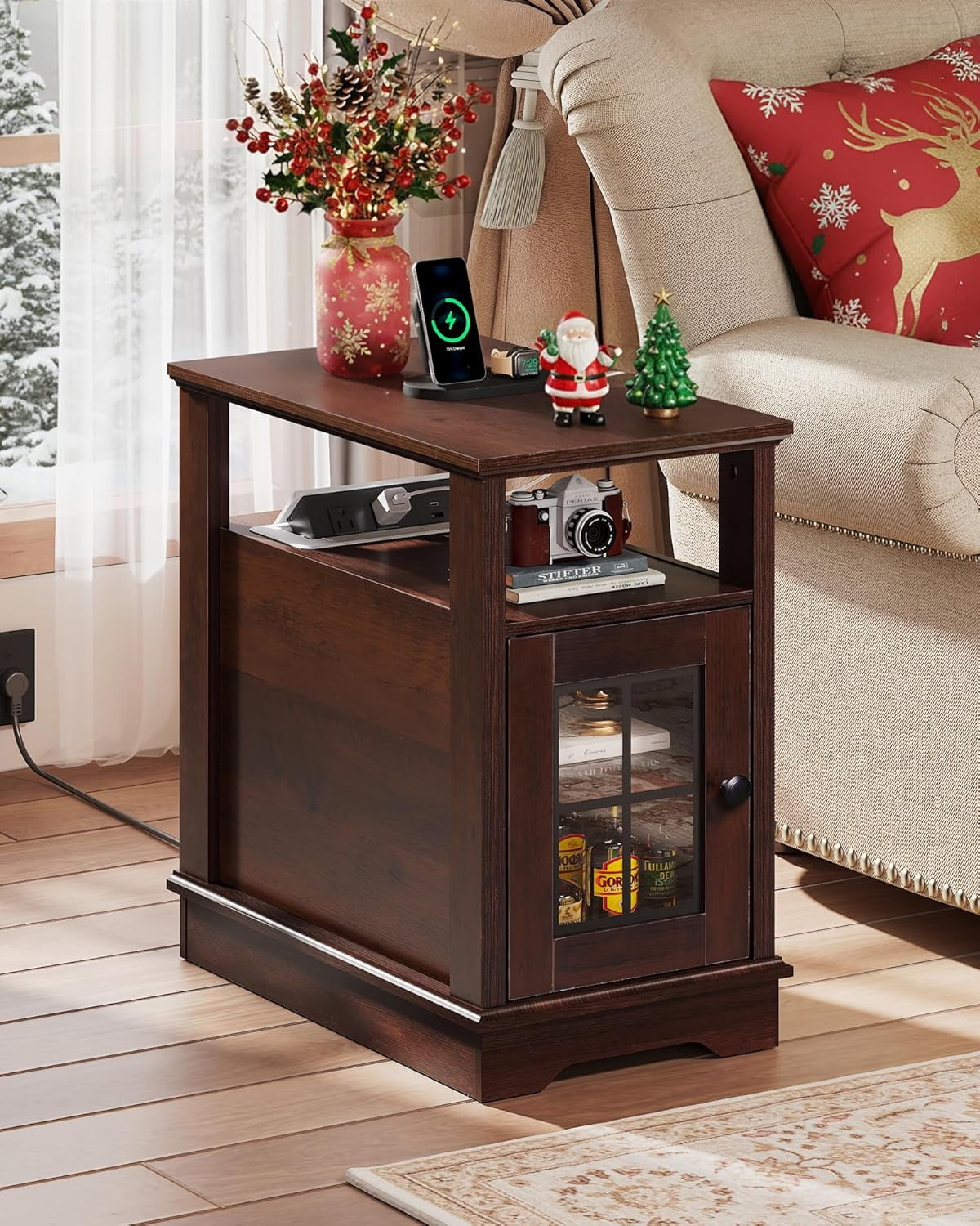 GALAXHERO Farmhouse End Table with Charging Station Narrow Side Table for Living Room Night Stand with Storage, Nightstand with USB Ports and Outlets for Bedroom Espresso