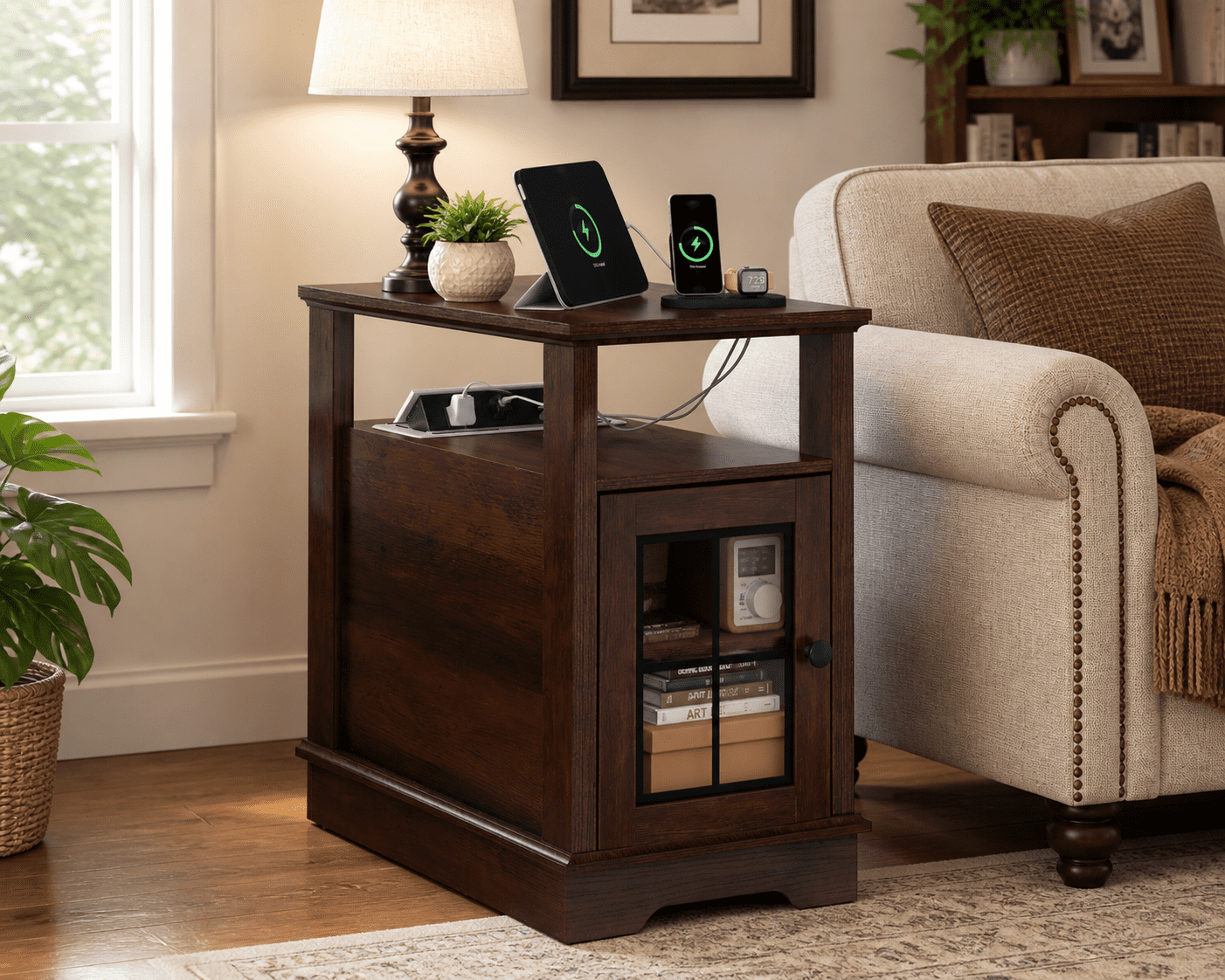 GALAXHERO Farmhouse End Table with Storage Narrow Side Table for Living Room  Small Table with USB Ports and Outlets for Bedroom