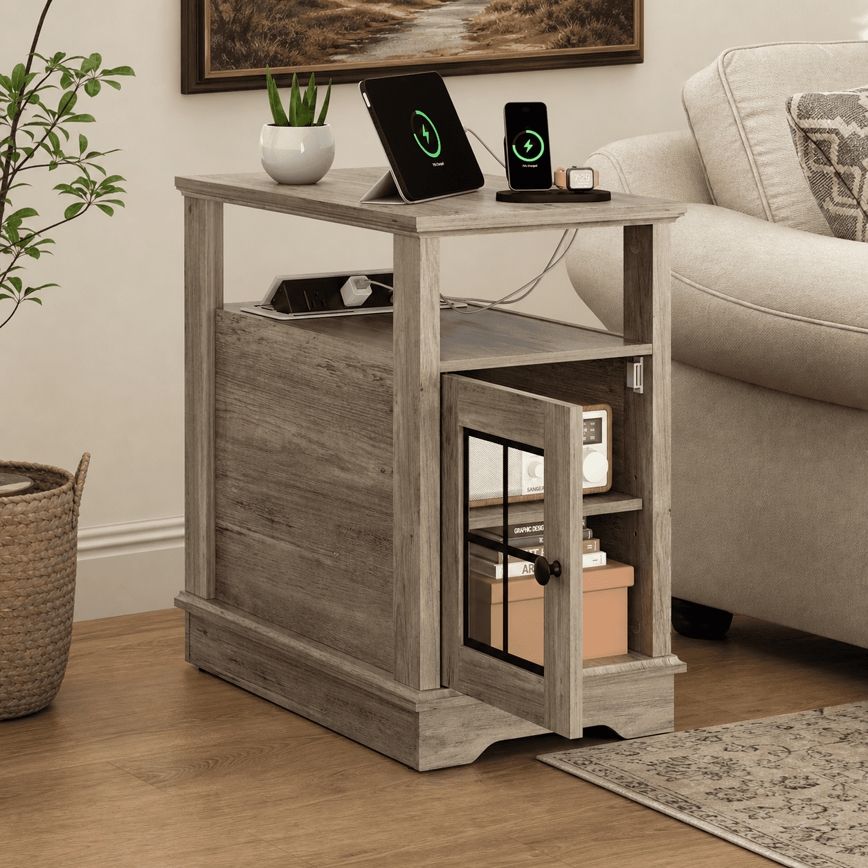 GALAXHERO Farmhouse End Table with Storage Narrow Side Table for Living Room  Small Table with USB Ports and Outlets for Bedroom
