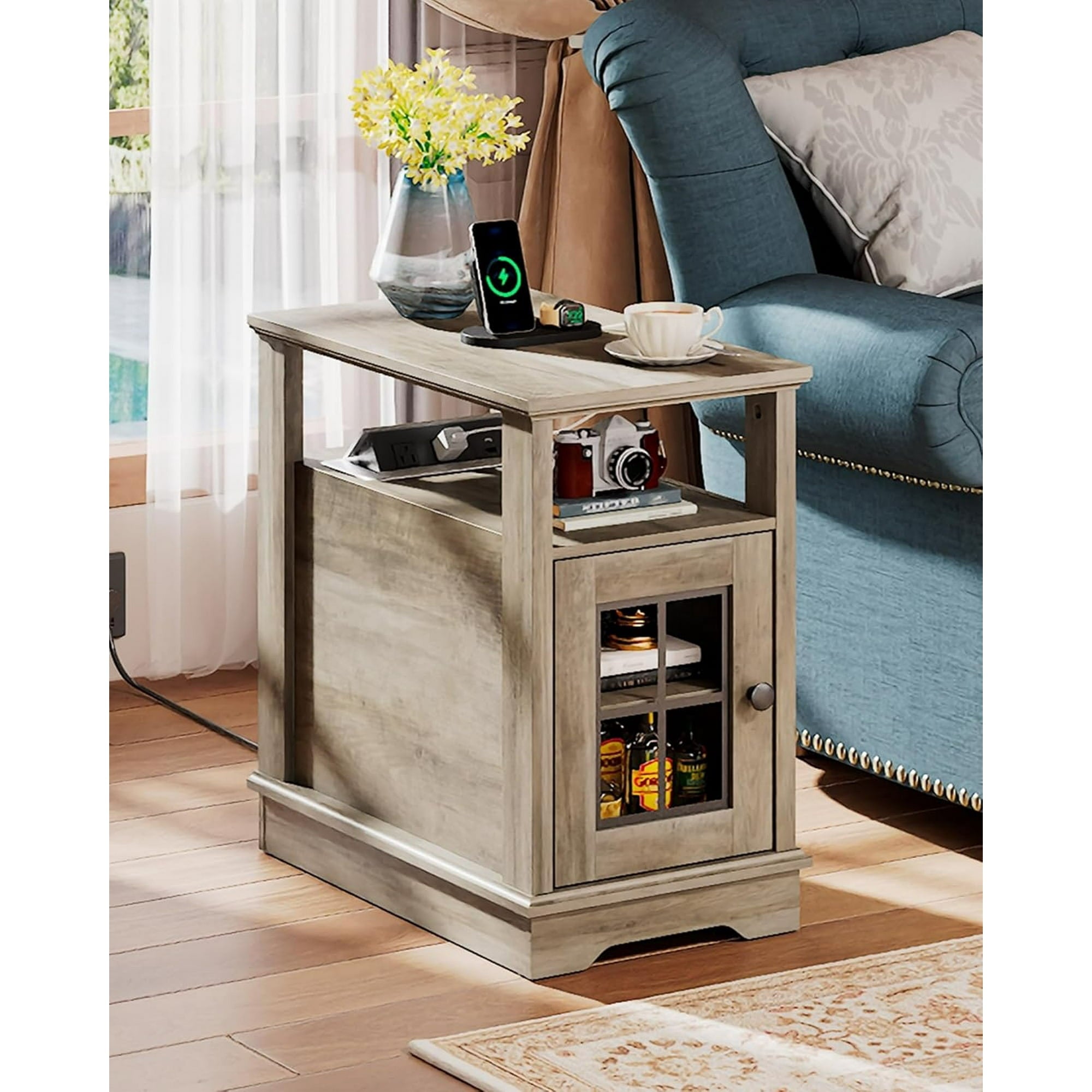 GALAXHERO Farmhouse End Table with Charging Station Narrow Side Table for Living Room Night Stand with Storage, Nightstand with USB Ports and Outlets for Bedroom Brown
