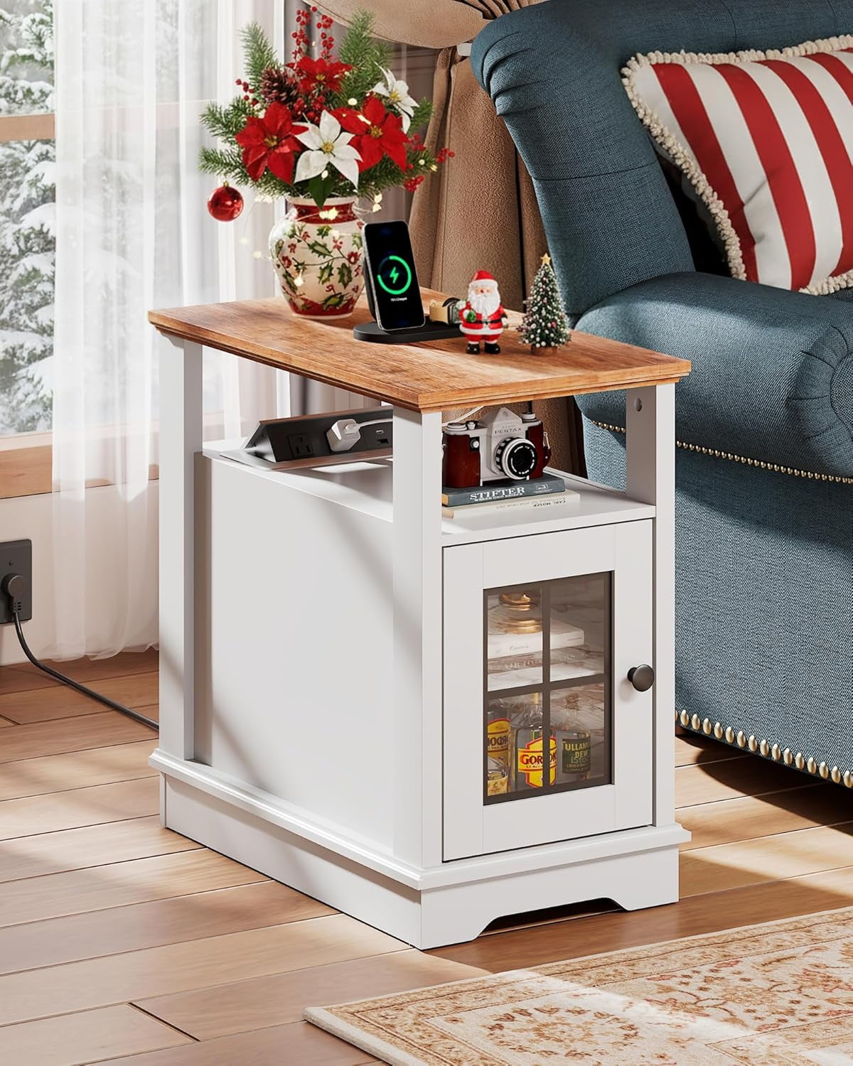 GALAXHERO Farmhouse End Table with Charging Station Narrow Side Table for Living Room Night Stand with Storage, Nightstand with USB Ports and Outlets for Bedroom Espresso