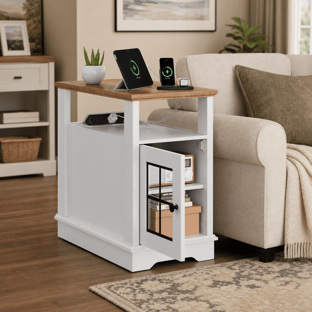 GALAXHERO Farmhouse End Table with Storage Narrow Side Table for Living Room  Small Table with USB Ports and Outlets for Bedroom