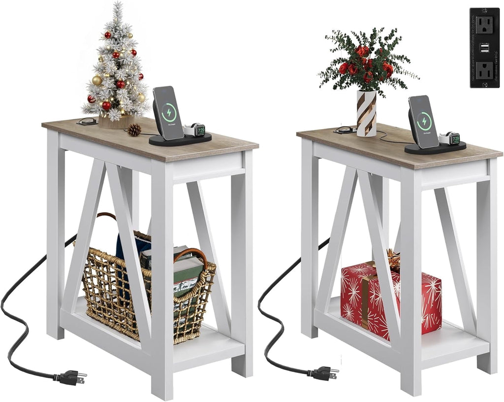 GALAXHERO Farmhouse End Table with Charging Station, Slim Narrow Side Table for Small Spaces, 2 USB Ports & 2 Power Outlets, Ideal for Bedroom, Living Room, 11.8" D x 23.6" W x 23.74" H