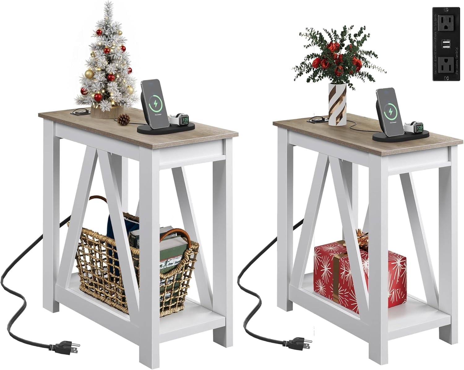 GALAXHERO Farmhouse End Table with Charging Station, Slim Narrow Side Table for Small Spaces, 2 USB Ports & 2 Power Outlets, Ideal for Bedroom, Living Room, 11.8" D x 23.6" W x 23.74" H