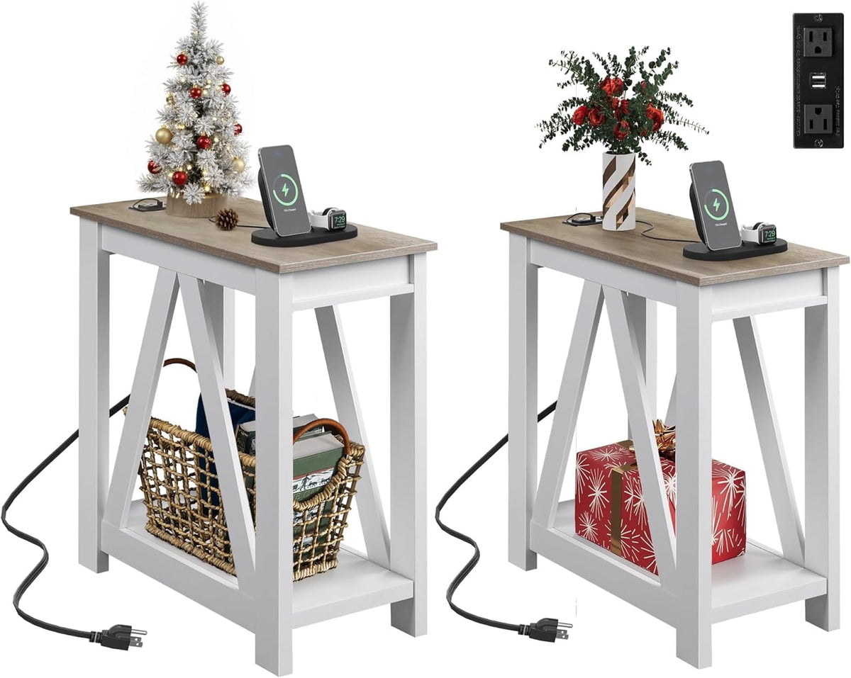 GALAXHERO Farmhouse End Table with Charging Station, Slim Narrow Side Table for Small Spaces, 2 USB Ports & 2 Power Outlets, Ideal for Bedroom, Living Room, 11.8" D x 23.6" W x 23.74" H