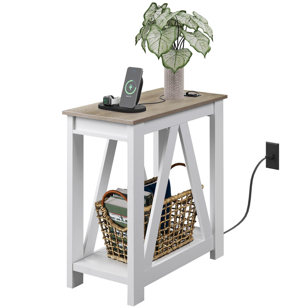 GALAXHERO Narrow End Table with Charging Station of Open Storage Shelf, Sofa Side Table with 2 USB Ports and 2 Power Outlets, Slim Farmhouse End Table for Small Spaces, Bedroom, Living Room