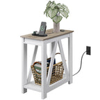 GALAXHERO Narrow End Table with Charging Station of Open Storage Shelf, Sofa Side Table with 2 USB Ports and 2 Power Outlets, Slim Farmhouse End Table for Small Spaces, Bedroom, Living Room