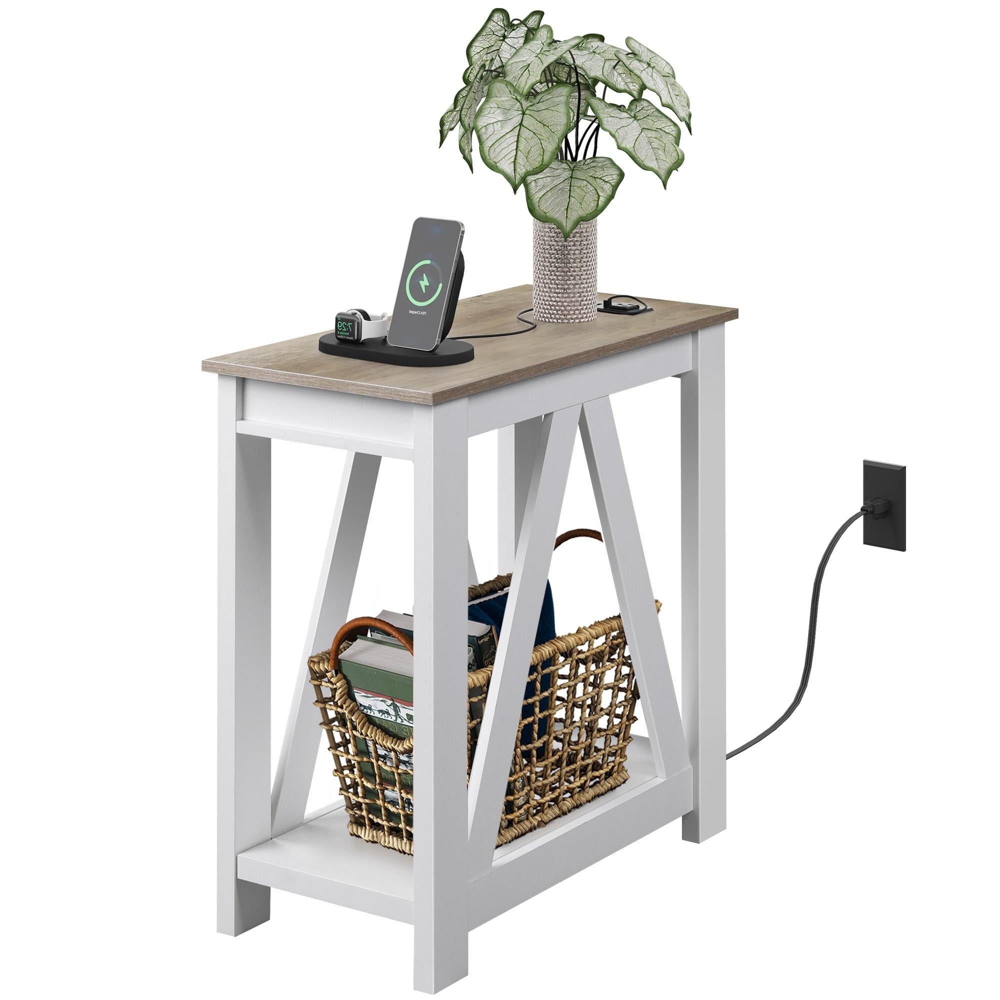 GALAXHERO Narrow End Table with Charging Station of Open Storage Shelf, Sofa Side Table with 2 USB Ports and 2 Power Outlets, Slim Farmhouse End Table for Small Spaces, Bedroom, Living Room