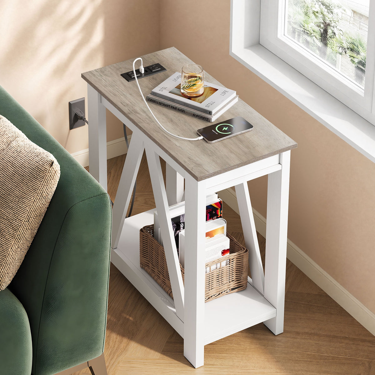 GALAXHERO End Table with Charging Station Slim Side Table with 2 USB Ports and 2 Power Outlets, 2-Tier Nightstand for Small Spaces, Farmhouse End Table for Living Room,Bedroom