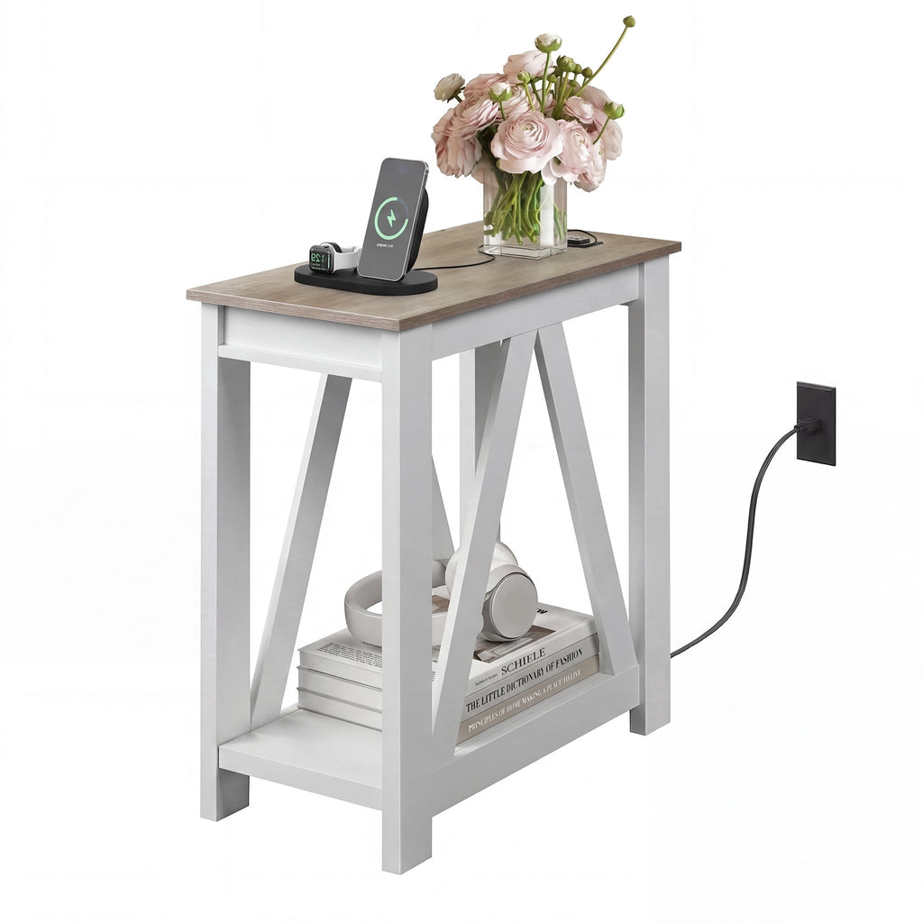 GALAXHERO Narrow End Table with Charging Station and Open Storage Shelf, Sofa Side Table with 2 USB Ports and 2 Power Outlets, Slim Farmhouse End Table for Small Spaces, Bedroom, Living Room