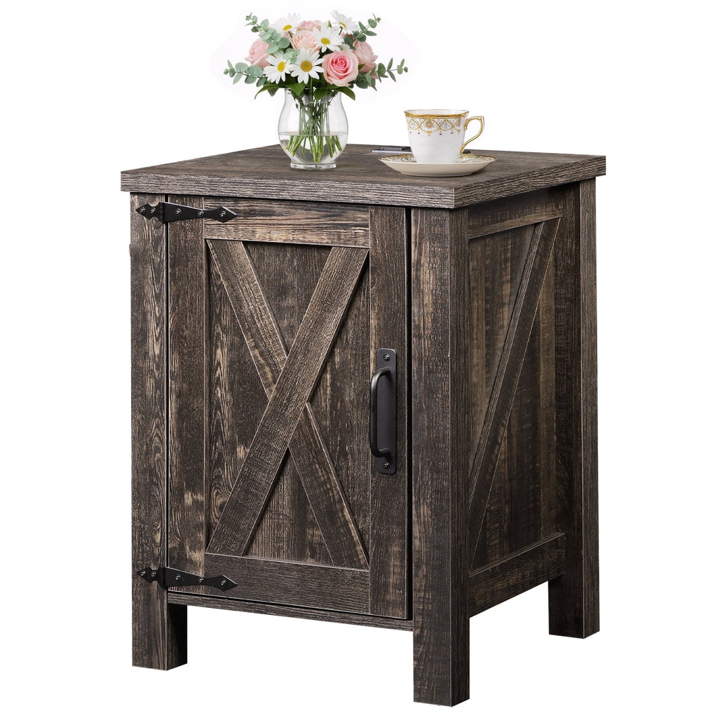 GALAXHERO Nightstand with Charging Station, Farmhouse Narrow Side Table with Barn Door, Wooden Bedside Table for Bedroom, End Tables for Living Room